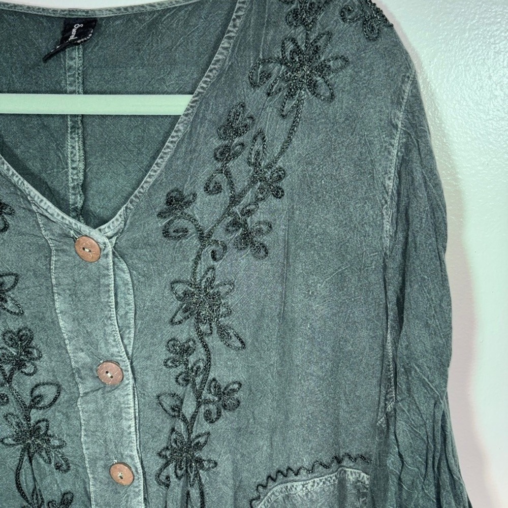 Sacred Threads Button Up Top Womens OS Green Boho Embroidered Fairycore Blouse - Picture 2 of 10